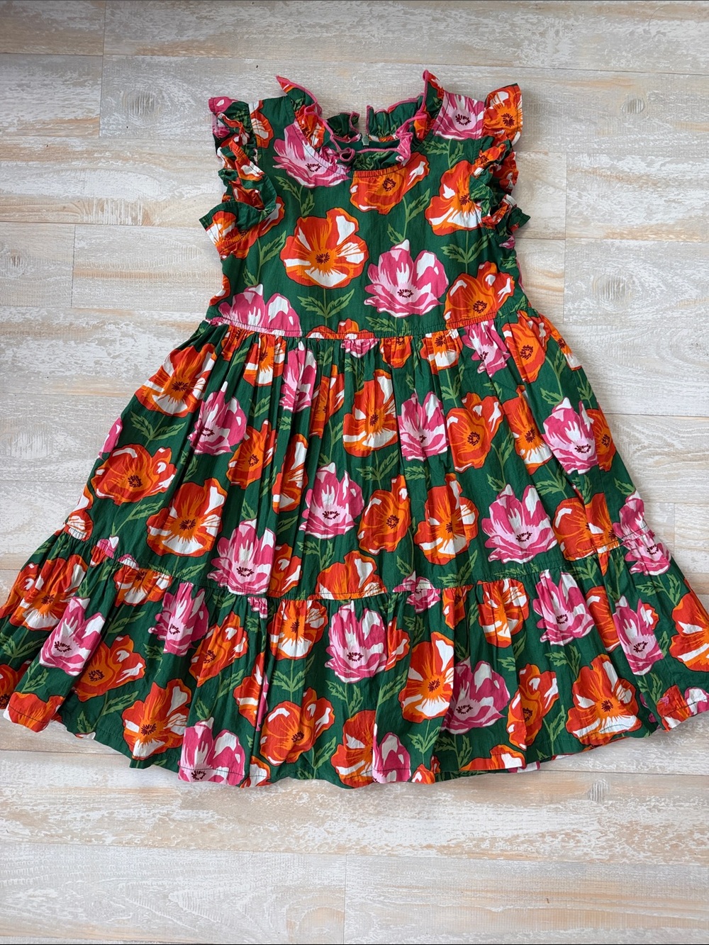 Pink Chicken Green Floral Ruffle Tiered Dress with Pink & Orange Blooms